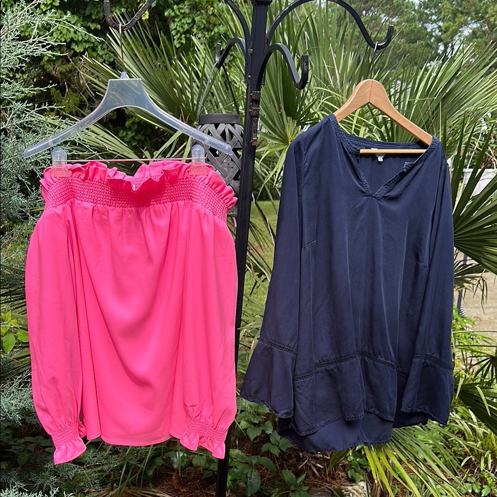 Crown & Ivy Blouse Bundle:SIZE 2X-Pink off-shoulde NWT Navy V Neck Ruffle Cuffs